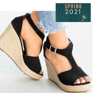 Perforated T-Strap Espadrille Wedge